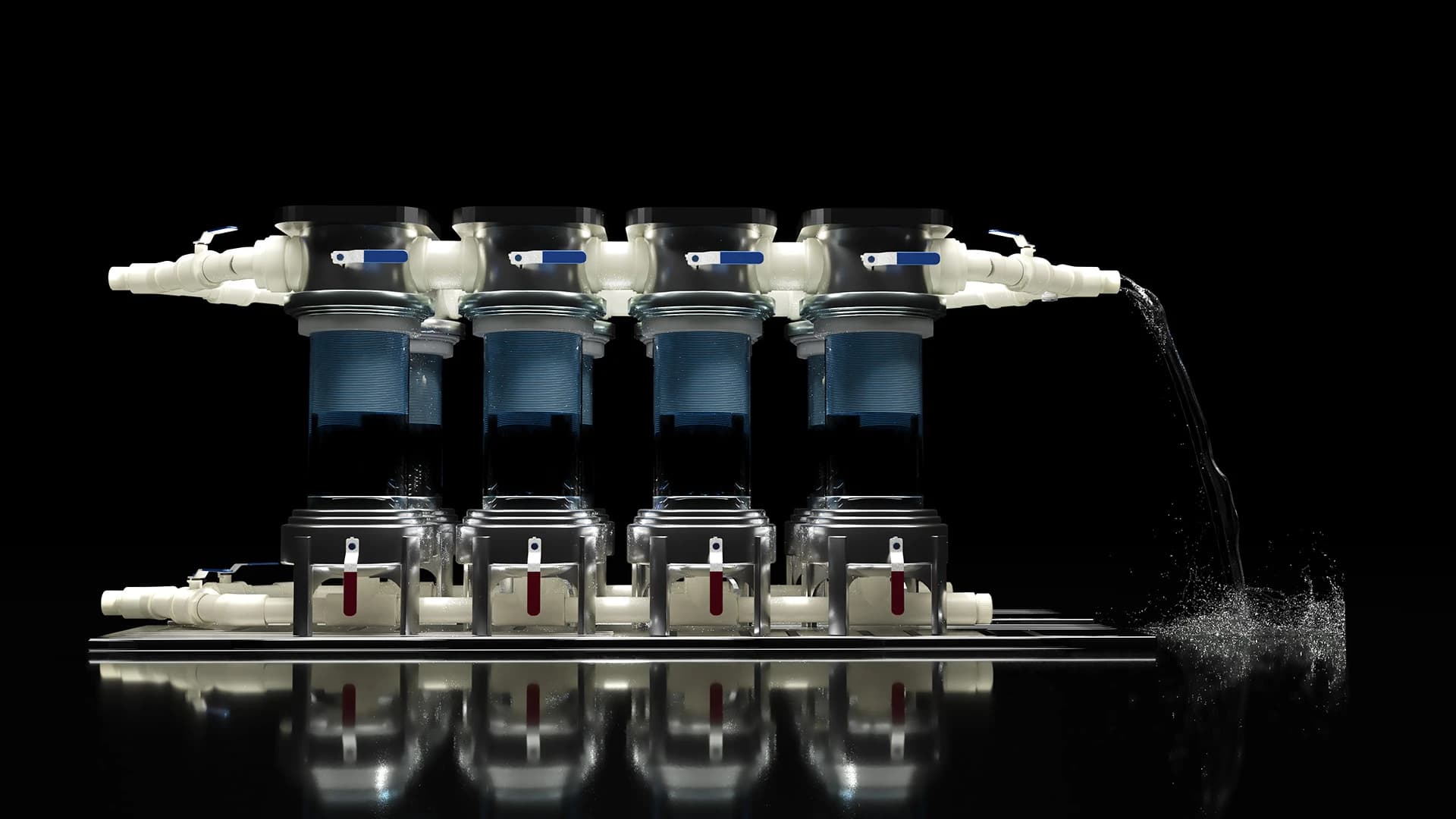 Photorealistic 3D render of modular water filtration system with transparent housing showing internal filtration chambers and fluid pathways